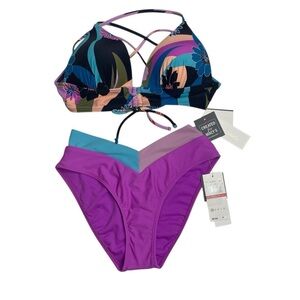 Salt + Cove Blooming Wave Midkini Top & Contrast Bikini Bottoms Orchid XS New